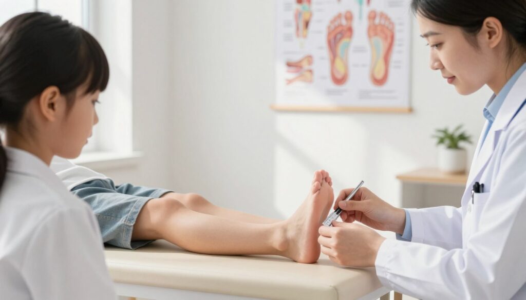 A focused image illustrating the recognition of flat feet in both children and adults. In the foreground, depict a pediatric podiatrist examining a child's foot, highlighting the arch—or lack thereof—using a measuring tool. Next to them, an adult is seated, also having their foot examined, showcasing a side-by-side comparison of flat and normal arches. In the background, a wall decorated with anatomical charts of foot structure and common foot problems adds context. The scene is well-lit with natural sunlight streaming through a window, casting soft shadows. The atmosphere is professional and educational, emphasizing a caring and informative environment for foot health consultation.