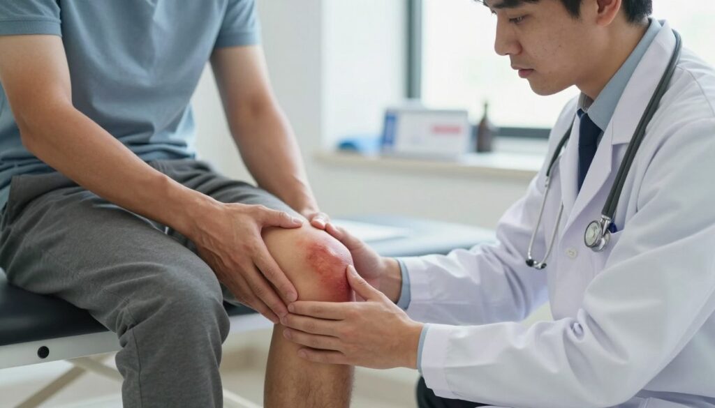 A healthcare professional attending to a patient with a knee injury, emphasizing the need for urgent medical consultation. The foreground features a doctor, dressed in professional attire, examining a person's knee, which is visibly swollen and bruised, suggesting an acute injury. In the middle ground, a medical examination room setting, with medical charts and equipment subtly visible. The background includes a window with natural light streaming in, creating a bright and clinical atmosphere. The focus is on the doctor's attentive expression and the injured knee, evoking concern and professionalism. The lighting is soft yet clear, with a slightly blurred depth of field to direct attention to the central interaction.