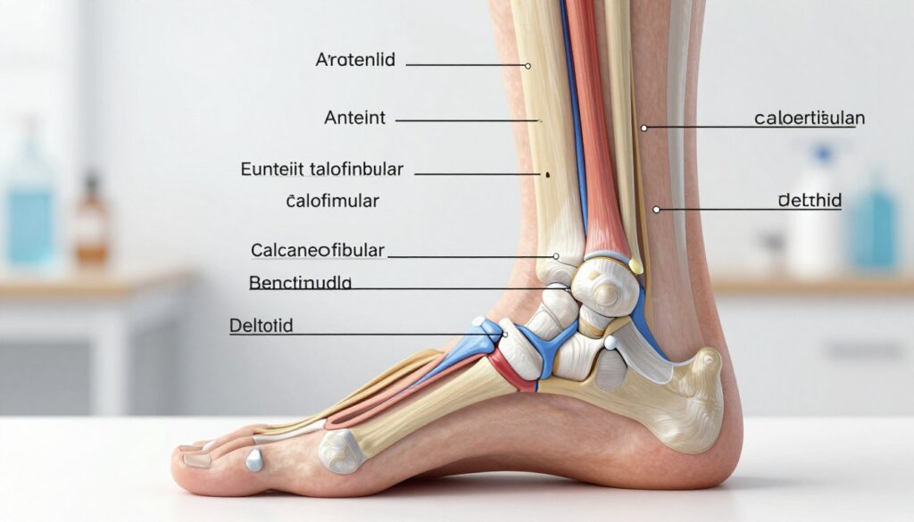 A highly detailed anatomical illustration of the ankle ligaments, showcasing the various ligaments including the anterior talofibular, calcaneofibular, and deltoid ligaments. In the foreground, an uncrossed view of the foot and ankle joint, with labels marked directly on the ligaments but without any text. The middle ground features a transparent overlay of the ligaments, indicating their connections and positions with color-coded highlights for clarity. The background shows a subtle, blurred depiction of a clinical setting for an educational atmosphere. The lighting should be bright and professional, with realistic shadows that add depth, and the image should feel informative yet visually compelling, emphasizing the complexity and functional importance of the ankle ligaments. A highly detailed anatomical illustration of the ankle ligaments, showcasing the various ligaments including the anterior talofibular, calcaneofibular, and deltoid ligaments. In the foreground, an uncrossed view of the foot and ankle joint, with labels marked directly on the ligaments but without any text. The middle ground features a transparent overlay of the ligaments, indicating their connections and positions with color-coded highlights for clarity. The background shows a subtle, blurred depiction of a clinical setting for an educational atmosphere. The lighting should be bright and professional, with realistic shadows that add depth, and the image should feel informative yet visually compelling, emphasizing the complexity and functional importance of the ankle ligaments.