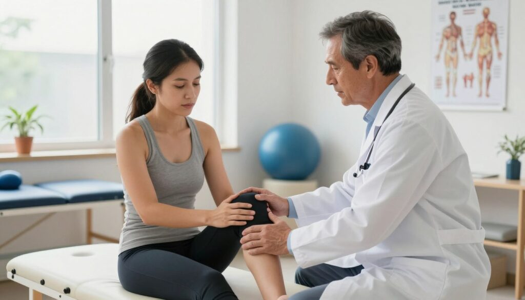 A medical professional, wearing a white coat, demonstrates knee exercises to a patient in a well-lit physical therapy clinic. In the foreground, the focused expressions of both the therapist and the patient emphasize engagement and understanding. The therapist, a middle-aged Caucasian man, is guiding the patient, a young Hispanic woman, who is dressed in modest athletic wear. In the middle background, various rehabilitation equipment and anatomical posters provide context to the setting. Natural light streams in from a large window, creating an inviting atmosphere. Overall, the image conveys a sense of hope and empowerment, reflecting the theme of preventing recurrent knee effusion through informative guidance and therapy.