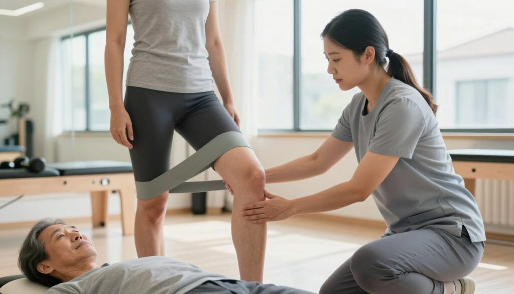 A physical therapist in a bright, modern clinic setting, demonstrating therapeutic exercises for knee varus deformity. The therapist, dressed in smart, casual professional attire, assists a middle-aged patient as they perform a leg stretch using resistance bands. In the foreground, focus on the therapist’s guiding hands on the patient’s knee, exemplifying precise posture support. In the middle ground, additional exercise equipment and a mirror reflect a motivational atmosphere. The background showcases a large window letting in natural light, enhancing the uplifting and hopeful environment of rehabilitation. Capture the mood of encouragement and healing, with warm colors and soft lighting to create an inviting and professional ambiance. Avoid any clutter in the space to maintain a clear focus on the therapeutic interaction.
