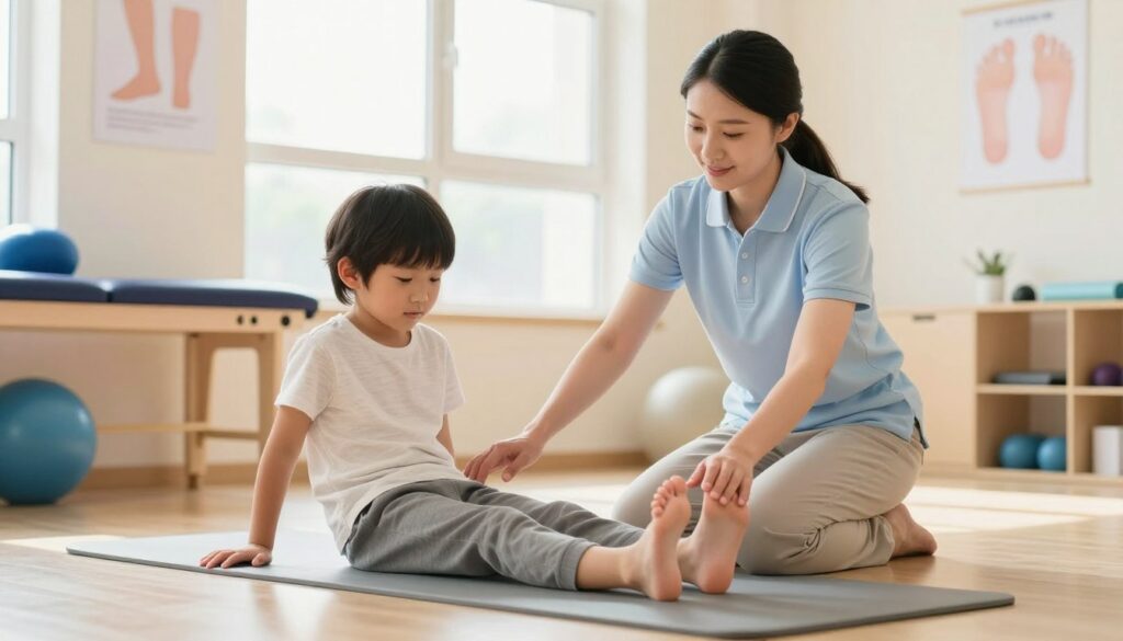 A professional and inviting interior physiotherapy studio, focused on children's foot exercises for flat feet. In the foreground, a young child, around 7 years old, wearing comfortable, modest athletic clothing, is performing safe foot exercises on a soft mat. They are actively engaged, showing focus and determination. In the middle ground, a friendly physiotherapist in a polo shirt is guiding the child, demonstrating correct posture and technique. The background features bright, natural lighting streaming through large windows, creating a cheerful and encouraging atmosphere. Soft colored walls adorned with educational posters about foot health complete the scene, contributing to a sense of warmth and support, showcasing the importance of safe exercise practices for developing strong feet. A professional and inviting interior physiotherapy studio, focused on children's foot exercises for flat feet. In the foreground, a young child, around 7 years old, wearing comfortable, modest athletic clothing, is performing safe foot exercises on a soft mat. They are actively engaged, showing focus and determination. In the middle ground, a friendly physiotherapist in a polo shirt is guiding the child, demonstrating correct posture and technique. The background features bright, natural lighting streaming through large windows, creating a cheerful and encouraging atmosphere. Soft colored walls adorned with educational posters about foot health complete the scene, contributing to a sense of warmth and support, showcasing the importance of safe exercise practices for developing strong feet.