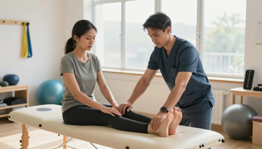 A professional physiotherapist working with a patient in a bright, well-equipped rehabilitation center. In the foreground, the physiotherapist, dressed in smart casual attire, is demonstrating an Achilles tendon stretching exercise to the patient, who is seated on a physical therapy table, wearing comfortable athletic clothing. In the middle ground, various rehabilitation tools like resistance bands, exercise balls, and balance boards are visible, emphasizing the therapeutic environment. The background features a large window letting in natural light, creating a warm and inviting atmosphere. The scene is captured from a slightly elevated angle, highlighting both the therapist's guidance and the patient's focused expression, conveying a sense of hope and determination in overcoming pain. A professional physiotherapist working with a patient in a bright, well-equipped rehabilitation center. In the foreground, the physiotherapist, dressed in smart casual attire, is demonstrating an Achilles tendon stretching exercise to the patient, who is seated on a physical therapy table, wearing comfortable athletic clothing. In the middle ground, various rehabilitation tools like resistance bands, exercise balls, and balance boards are visible, emphasizing the therapeutic environment. The background features a large window letting in natural light, creating a warm and inviting atmosphere. The scene is captured from a slightly elevated angle, highlighting both the therapist's guidance and the patient's focused expression, conveying a sense of hope and determination in overcoming pain.