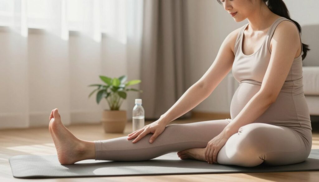 A serene and calming interior scene depicting a pregnant woman sitting comfortably on a yoga mat, practicing gentle calf stretching exercises in a softly lit room. The foreground features the woman in modest, comfortable attire, engaging in a peaceful stretch, with a focus on her relaxed demeanor and breathing. In the middle, a small potted plant and a water bottle are present, symbolizing hydration and well-being. In the background, soft light filters through a window, casting gentle shadows and creating a warm atmosphere. The color palette is soft and muted, with pastel tones to enhance the tranquil mood. The image captures the idea of prevention and care against calf cramps in pregnancy, emphasizing a healthy and positive approach. A serene and calming interior scene depicting a pregnant woman sitting comfortably on a yoga mat, practicing gentle calf stretching exercises in a softly lit room. The foreground features the woman in modest, comfortable attire, engaging in a peaceful stretch, with a focus on her relaxed demeanor and breathing. In the middle, a small potted plant and a water bottle are present, symbolizing hydration and well-being. In the background, soft light filters through a window, casting gentle shadows and creating a warm atmosphere. The color palette is soft and muted, with pastel tones to enhance the tranquil mood. The image captures the idea of prevention and care against calf cramps in pregnancy, emphasizing a healthy and positive approach.