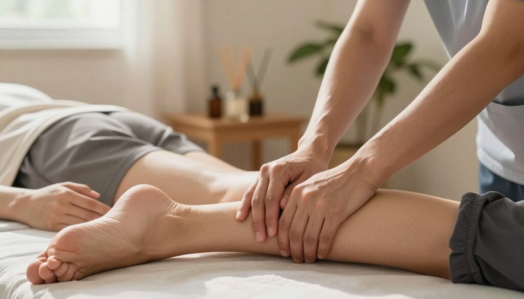 A serene and calming scene depicting a professional therapist gently massaging a person's calf in a softly lit therapy room. The foreground shows the therapist's focused hands applying pressure to the calf muscle, while the recipient, dressed in modest sportswear, visibly relaxes on a therapy table. In the middle ground, soothing elements like soft towels and essential oil diffusers create a tranquil atmosphere. The background features softly blurred, warm-toned walls and plants, enhancing the sense of relaxation. The overall mood is peaceful and healing, with natural light filtering through a window, casting gentle shadows. Use a close-up angle to emphasize the therapeutic action, capturing the essence of muscle relaxation after cramping.