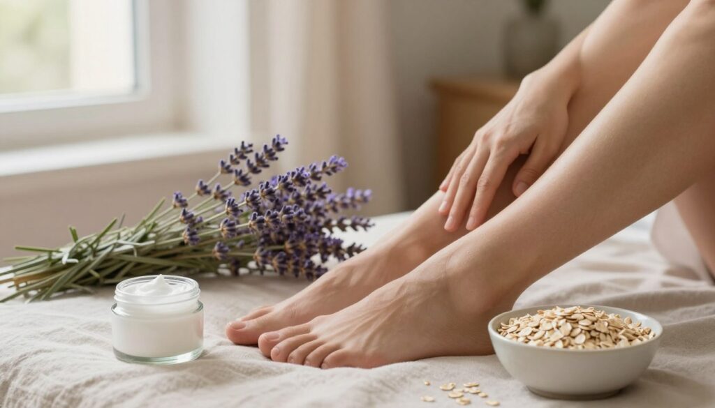 A serene and calming scene focusing on a pair of legs gently resting on a soft, natural fabric surface, surrounded by natural elements that evoke comfort and relief. In the foreground, display a soothing herbal cream and a small bowl of oatmeal, symbolizing natural remedies for itchy skin. The middle ground features a delicate lavender plant, which signifies tranquility, while a faint light filters through a nearby window, casting a warm glow across the scene. The background is softly blurred, suggesting a peaceful home environment with gentle colors that enhance relaxation. Capture a harmonious atmosphere that conveys relief and attention to self-care, aimed at soothing itchy lower legs, without any text or distractions.