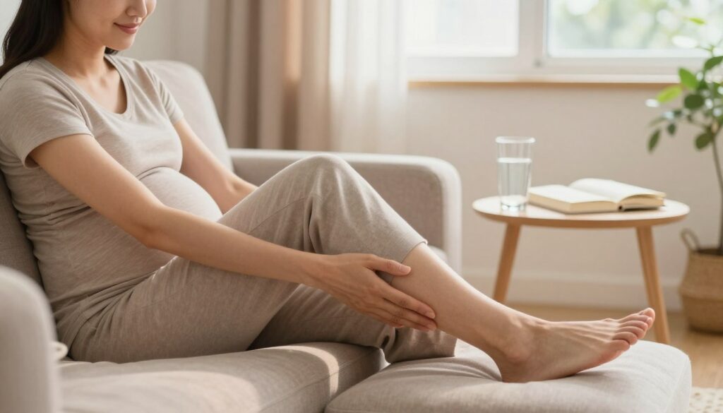 A serene and cozy living room scene where a pregnant woman is sitting on a comfortable couch, gently massaging her calves to alleviate cramps. The foreground features her relaxed posture, wearing modest, comfortable clothing. In the middle, soft natural light filters through a window, casting warm tones, highlighting her expression of relief. In the background, a small table with a pregnancy book and a glass of water suggests a nurturing atmosphere. The room is adorned with calming pastel colors and plants, contributing to a serene and supportive environment. The overall mood is one of comfort and self-care, capturing the essence of the pregnancy experience and its challenges.