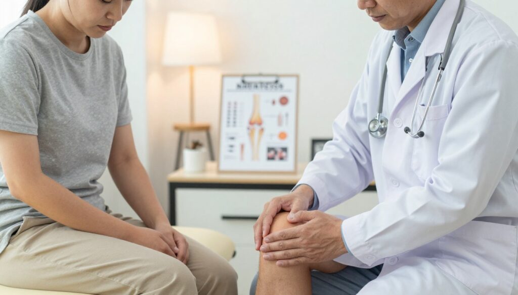A serene and professional medical consultation scene depicting a doctor examining a patient with a focus on knee pain and swelling treatment. In the foreground, a physician in a white lab coat, with a stethoscope around their neck, gently palpates the patient's knee, which is slightly elevated on a cushion. The patient, wearing modest casual clothing, shows a pained expression. The middle ground features a medical chart with diagrams of the knee joint and treatment options on a nearby examination table. The background includes soft, diffused lighting from overhead lamps, creating an atmosphere of care and professionalism in a well-organized clinic. The focal point is on the interaction between the doctor and patient, emphasizing the importance of medical supervision in knee treatment.