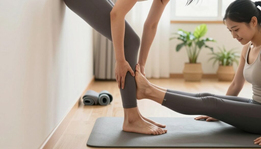 A serene indoor setting focused on safe stretching techniques for calf cramps. In the foreground, a person in modest athletic wear performs a gentle calf stretch against a wall, maintaining proper posture. Their expression shows relief and concentration. In the middle, a yoga mat and a few stretching aids like resistance bands are visible, emphasizing a fitness environment. The background features soft, natural lighting creating a calm and peaceful atmosphere, with potted plants and a warm color palette. The camera angle captures both the stretch and the surrounding wellness space, promoting relaxation and self-care. The overall mood is soothing and encouraging, perfect for guiding someone dealing with muscle tension.