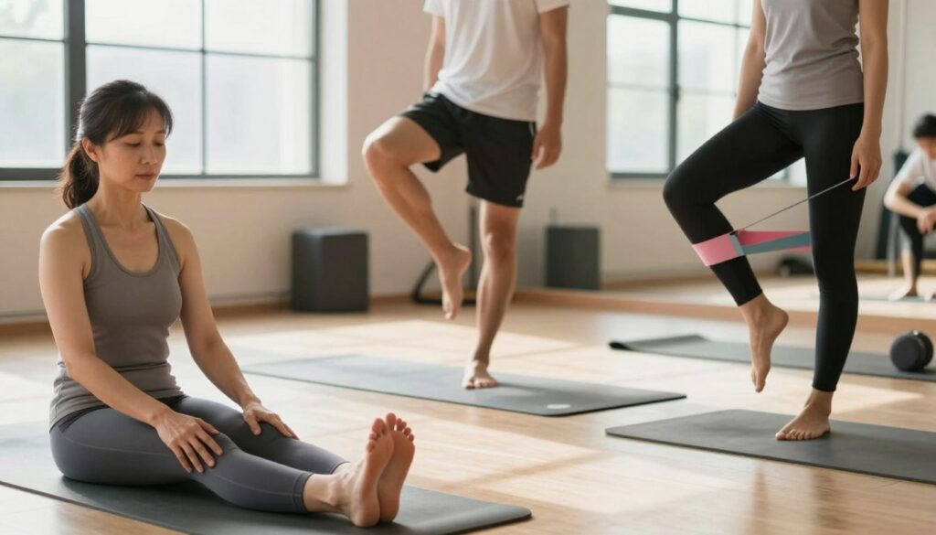 A serene, well-lit studio environment featuring a diverse group of individuals performing various foot exercises for flat feet. In the foreground, focus on a middle-aged woman in modest athletic gear, demonstrating a toe stretch. In the middle, a young man balances on one foot, showcasing a strengthening exercise, while another person in professional athletic attire uses a resistance band for foot flexion. The background is softly blurred, filled with yoga mats and exercise equipment, creating a motivational atmosphere. Natural light filters in through large windows, casting soft shadows and enhancing the focus on activities. The overall mood is encouraging and focused on wellness, emphasizing strength and stability in the feet. A serene, well-lit studio environment featuring a diverse group of individuals performing various foot exercises for flat feet. In the foreground, focus on a middle-aged woman in modest athletic gear, demonstrating a toe stretch. In the middle, a young man balances on one foot, showcasing a strengthening exercise, while another person in professional athletic attire uses a resistance band for foot flexion. The background is softly blurred, filled with yoga mats and exercise equipment, creating a motivational atmosphere. Natural light filters in through large windows, casting soft shadows and enhancing the focus on activities. The overall mood is encouraging and focused on wellness, emphasizing strength and stability in the feet.