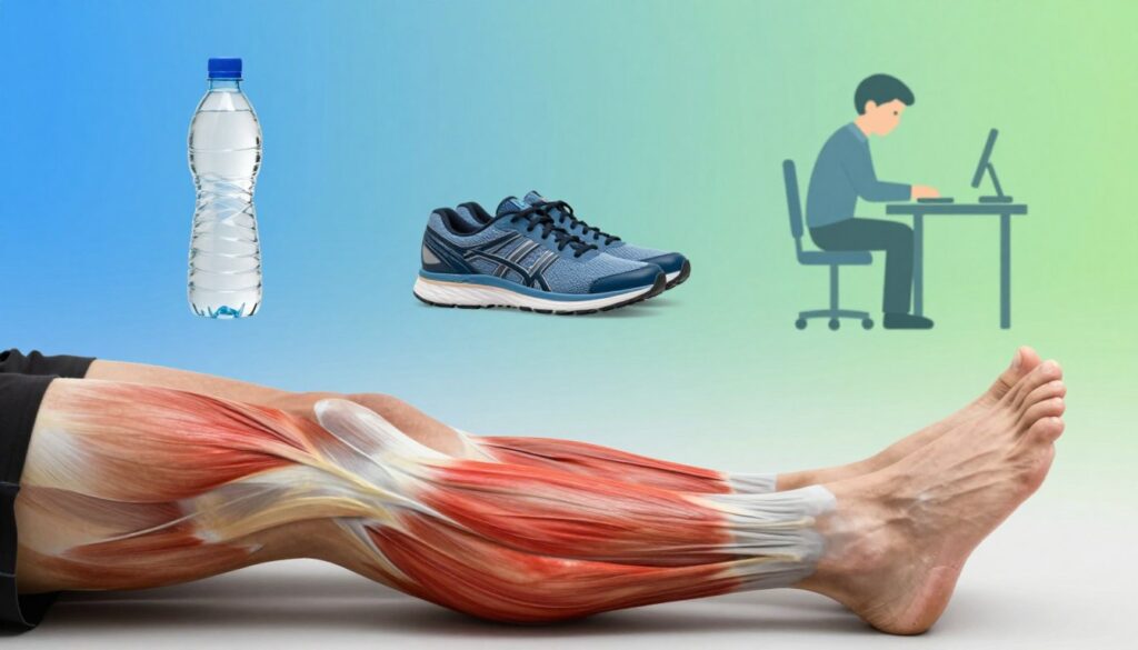 A visual representation of the common causes of calf cramps, featuring a split scene. In the foreground, a pair of human legs stretching, showcasing a muscle anatomy overlay indicating the calves, highlighted in red to emphasize tension. In the middle ground, various items representing causes: a water bottle symbolizing dehydration, a pair of running shoes for overexertion, and a diagram of a sedentary person sitting at a desk, depicting poor posture. The background features a soft gradient of blue and green hues, evoking a calm and informative atmosphere. Soft natural lighting enhances the clarity of the muscles and objects, with a focal length that draws the viewer’s attention to the legs and overlays. The overall mood is educational and professional, aimed at conveying essential information effectively. A visual representation of the common causes of calf cramps, featuring a split scene. In the foreground, a pair of human legs stretching, showcasing a muscle anatomy overlay indicating the calves, highlighted in red to emphasize tension. In the middle ground, various items representing causes: a water bottle symbolizing dehydration, a pair of running shoes for overexertion, and a diagram of a sedentary person sitting at a desk, depicting poor posture. The background features a soft gradient of blue and green hues, evoking a calm and informative atmosphere. Soft natural lighting enhances the clarity of the muscles and objects, with a focal length that draws the viewer’s attention to the legs and overlays. The overall mood is educational and professional, aimed at conveying essential information effectively.