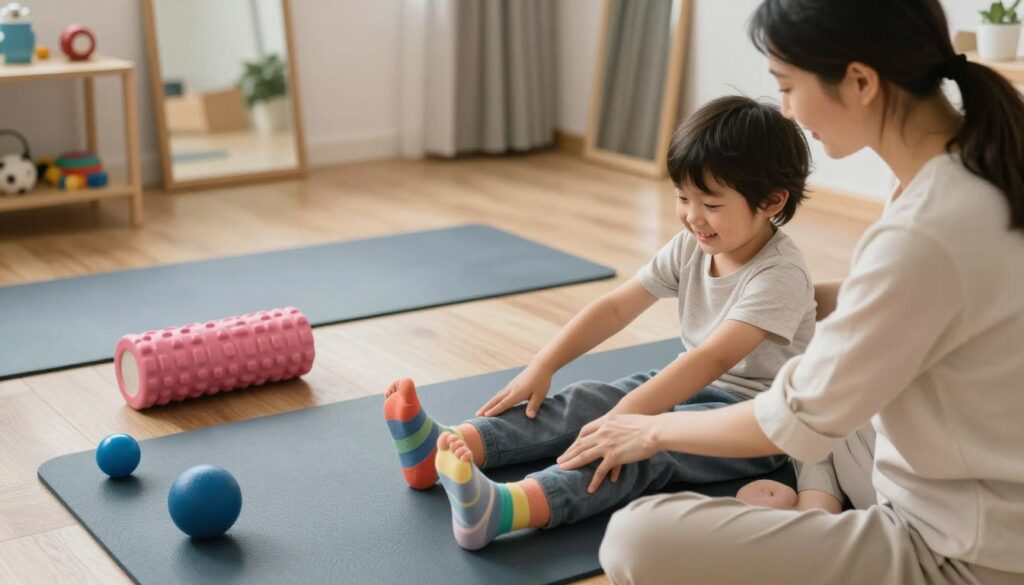 A warm, inviting room with soft lighting, where a caring parent is guiding a child through foot exercises to support flat feet development. In the foreground, the parent, dressed in comfortable casual attire, demonstrates a simple exercise, while the child, wearing colorful socks and a cheerful expression, mimics the movement. The middle ground features exercise mats and foot strengthening tools like foam rollers and small balls. In the background, a cozy play area with toys and a mirror adds to the atmosphere. The overall mood is nurturing and supportive, capturing the essence of preparing a child for effective foot exercises. The angle is slightly elevated, giving a clear view of the interaction, while keeping the surroundings soft and uncluttered. A warm, inviting room with soft lighting, where a caring parent is guiding a child through foot exercises to support flat feet development. In the foreground, the parent, dressed in comfortable casual attire, demonstrates a simple exercise, while the child, wearing colorful socks and a cheerful expression, mimics the movement. The middle ground features exercise mats and foot strengthening tools like foam rollers and small balls. In the background, a cozy play area with toys and a mirror adds to the atmosphere. The overall mood is nurturing and supportive, capturing the essence of preparing a child for effective foot exercises. The angle is slightly elevated, giving a clear view of the interaction, while keeping the surroundings soft and uncluttered.