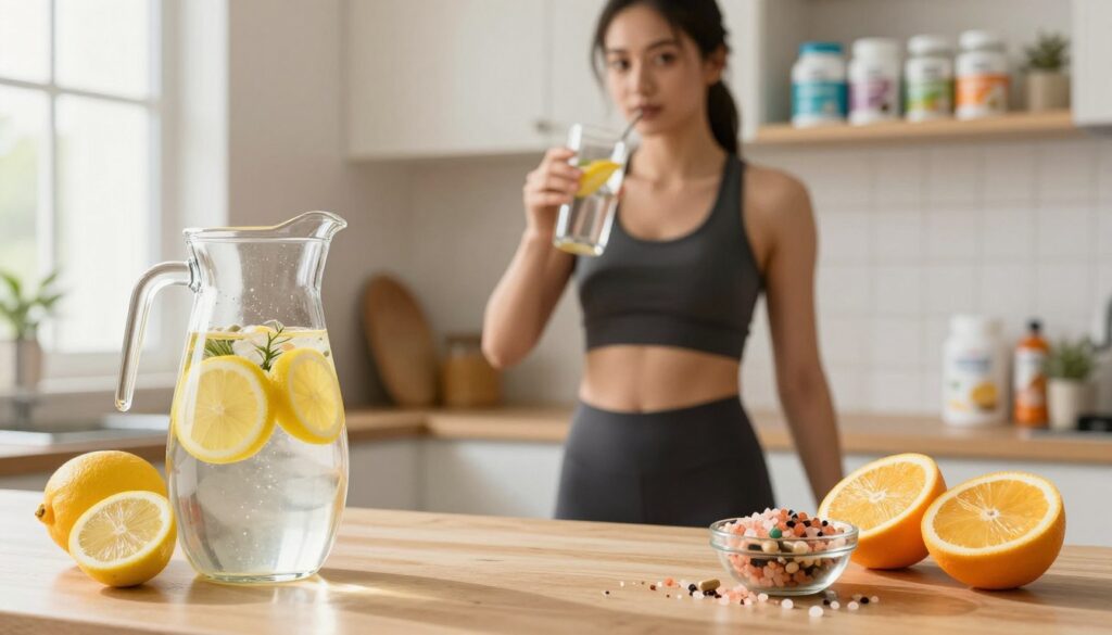 A well-lit kitchen setting with a focus on hydration and electrolytes for muscle cramp prevention. The foreground features a stylish glass pitcher filled with infused water, surrounded by fresh lemon slices, oranges, and a bowl of colorful sea salt and mineral capsules. In the middle ground, a visibly active person in professional athletic wear is preparing a refreshing drink, looking confidently towards the camera. In the background, a shelf filled with health products like electrolyte powders and hydration drinks adds depth to the scene. The mood is positive and energetic, with warm, natural lighting coming from a nearby window, highlighting the emphasis on wellness and prevention of calf cramps. A well-lit kitchen setting with a focus on hydration and electrolytes for muscle cramp prevention. The foreground features a stylish glass pitcher filled with infused water, surrounded by fresh lemon slices, oranges, and a bowl of colorful sea salt and mineral capsules. In the middle ground, a visibly active person in professional athletic wear is preparing a refreshing drink, looking confidently towards the camera. In the background, a shelf filled with health products like electrolyte powders and hydration drinks adds depth to the scene. The mood is positive and energetic, with warm, natural lighting coming from a nearby window, highlighting the emphasis on wellness and prevention of calf cramps.