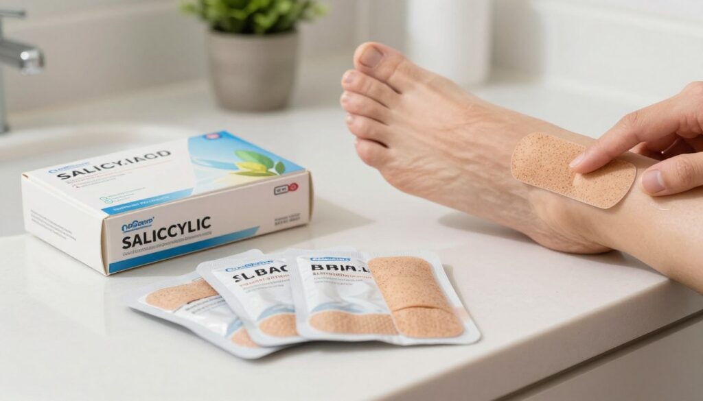 An arrangement of salicylic acid plasters specifically designed for treating corns, prominently displayed in the foreground. The plasters are beautifully packaged, showcasing their textures and labels clearly, highlighting their medical purpose. In the middle ground, a partially open box reveals additional plasters, with one plaster being applied to a foot to demonstrate its use. The background features a softly blurred bathroom setting, with a neutral-colored countertop and a small potted plant to add a touch of warmth. The scene is well-lit with natural light, creating a clean and reassuring atmosphere, ideal for a health-focused article. The angle is slightly above eye-level, providing a clear view of the products in context.